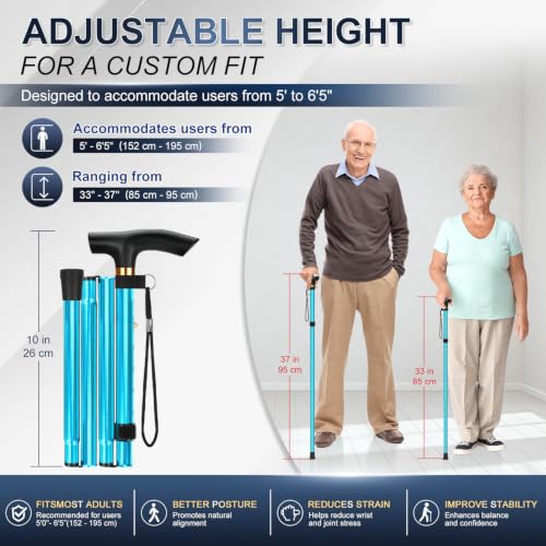 supregear Folding Cane, 5-Level Adjustable Height Walking Stick Lightweight Collapsible Portable Travel Cane with Wrist Strap and T Handle for Elderly Disabled Men Women - color: Blue