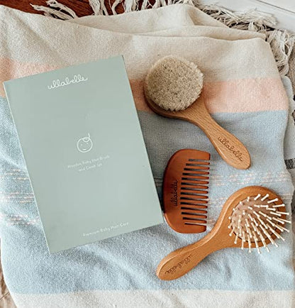 Ullabelle 3 Piece Wooden Baby Hair Brush and Comb Set for Newborns & Toddlers in Chic Gift Box - Ultra Soft Natural Goat Hair and Wood Baby Brush Set Prevents Cradle Cap - Perfect Registry Gift (Sage) - color: Sage