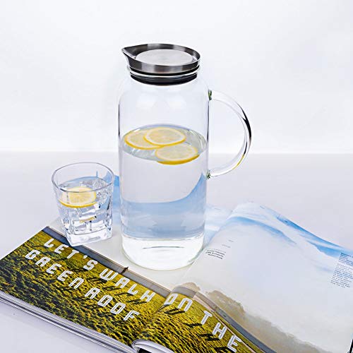 Purefold 68 Ounces Glass Pitcher with Lid, Hot/Cold Water jug for Coffee | Coffee, lemonade, iced tea, juice pitcher. Leakproof stainless steel lid, dishwasher safe. BPA free borosilicate glass. - size: 68 Ounces