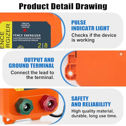 2 Mile AC Powered Low Impedance Electric Fence Charger，0.10 Joule Plug-in Electric Fence Energizer，Contain Small Animals, Keep Out Pests and Wildlife Invasion - color: Orange 0.10 Joule