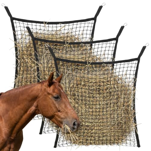3 Pcs Slow Feed Hay Net for Horses, 35 x 31 Inch Large Capacity Slow Feed Hay Bag Feeder with 6 Hooks Durable for Horses Goats Sheep Donkey Trailer Full Day Feeding, Easy to Fill and Hang