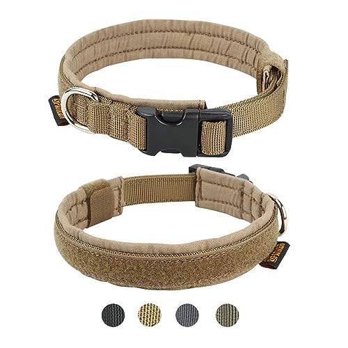 EXCELLENT ELITE SPANKER Military Nylon Small Puppy Dog Collar with Padded | Tactical Adjustable Pet Collar Heavy Duty Quick-Release & Lightweight No-Choke for Small Medium Breeds with Patches - color: Coyote Brown, size: S-(13.4"-17.7")