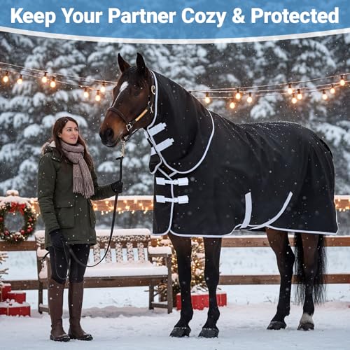 Winter Turnout Horse Blanket Waterproof 200g Fill,75 Size | 600D Tear Rip Resistant Shell, Snowproof Breathable Design, Adjustable Chest Leg Straps for Real Horses in Winter Weather - size: 75 Size