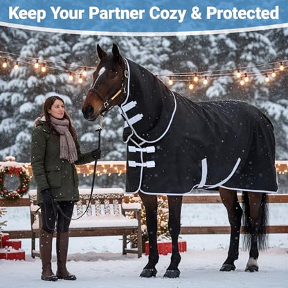 Winter Turnout Horse Blanket Waterproof 200g Fill,75 Size | 600D Tear Rip Resistant Shell, Snowproof Breathable Design, Adjustable Chest Leg Straps for Real Horses in Winter Weather - size: 75 Size