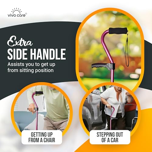 Walking Cane with 4 Prongs and Extra Side Handle – Adjustable, for Balance & Stability for Adults, Seniors, and Injured. - color: Pink