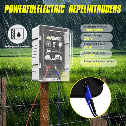 AC/DC 2 in 1 Power Supply, Electric Fence Energizer Kit for 10 Mile Preventing Wild Animal Intrusion, 40 Acre Coverage, 12V Input, 12KV 2 Joule Output, Electric Fence Charger for Livestock - color: BLACK-Complete Kit
