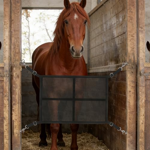 Stall Guard for Horse, 27"x19" Adjustable Nylon Horses Stall Guard with Straps & Snaps | Easy to Install in Stable and Barn - color: Black (Mesh)