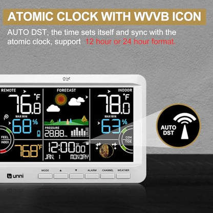 Weather Station Indoor Outdoor Thermometer Wireless Atomic Clock White | Home Atomic Clock Large Constant Display, Inside Outside Temperature Humidity Monitor, Dew Heat Point, Barometer - color: White