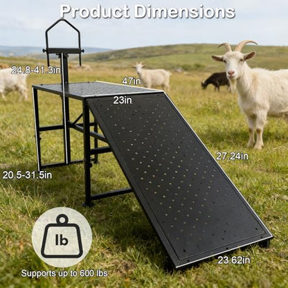 600 Lbs Adjustable Goat Milking & Trimming Stand with Feed Bin Ramp, Heavy Duty Steel Construction Ideal for Sheep & Goat Grooming, Hoof Trimming, and Milking, Livestock Care Equipment (Black)