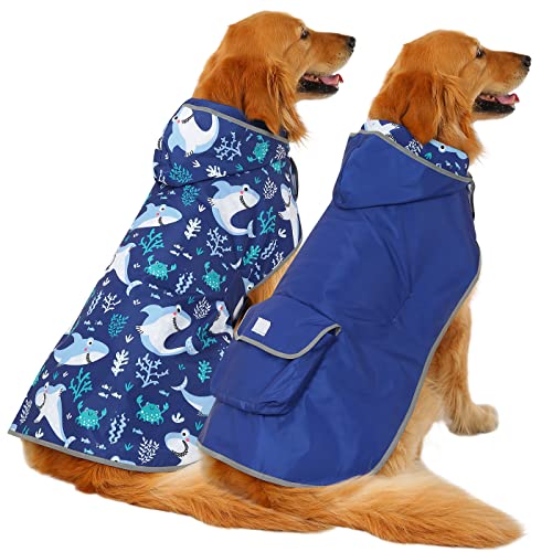 HDE 2-in-1 Reversible Dog Raincoat Hooded Poncho Rain Jacket Bl Sharks L - color: Sharks, size: Large