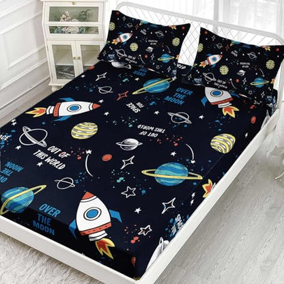 Space Ship Galaxy Sheets Set 4Pcs for Kids,Astronaut Space Rocket Printed Sheet Set with 1 Flat Sheet and 1 Fitted Sheet + 2 Pillowcases(Space-2 Full) - color: Space-2, size: Full 81x97 inches