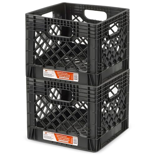 Juggernaut Storage 2-Pack Stackable Heavy Duty Milk Crates, Handles, 16 Qt | Organizing Plastic Crate Basket for Grocery Shopping, Home Supplies, and Bathroom Accessories, Black - size: 16 Quart 2-pack