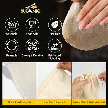 SUFANIQ Nut Milk Bag - 4 Bags (12 x 12 Inch) 100% Unbleached Cotton Cheese Cloth Bag for Straining, Premium Nut Milk Bag Reusable, Nut Bag Strainer for Almond, Soy, Oat Milk, Juices, Cheese Making - size: 12x12 / 4 pieces