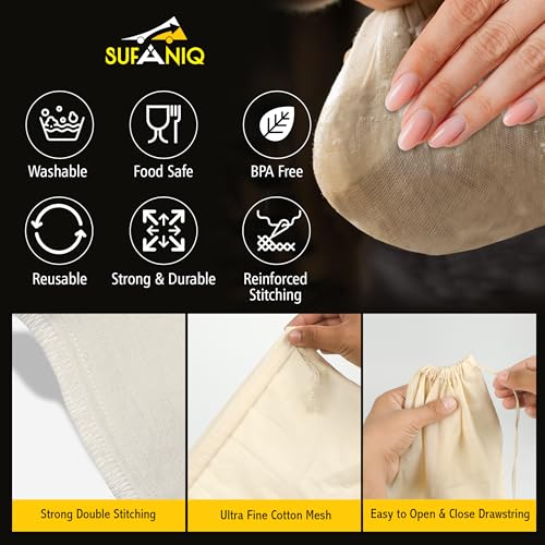 SUFANIQ Nut Milk Bag - 10 Bags (12 x 12 Inch) 100% Unbleached Cotton Cheese Cloth Bag for Straining, Premium Nut Milk Bag Reusable, Nut Bag Strainer for Almond, Soy, Oat Milk, Juices, Cheese Making - size: 12x12 / 10 pieces
