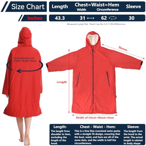 Oksun Waterproof Swim Parka: Windproof Sherpa Fleece Lined Surf Poncho - color: Sherpa Lining, Red