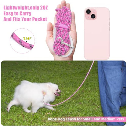 Lightweight Nylon Training Leash 30FTx1/4in Pink with Comfortable Silicone Handle Highly Reflective No Tangle for Dogs Cats Outside Walking Camping Backyard.