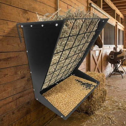 Wall Mount Hay Feeder for Goats, 2 in 1 Hay & Grain Livestock Feeders Rack, Hanging Sheep Cattle Feed Box with Steel Net, Wall Mounted Goat Hay Rack for Farm, Barn, Stable, Black - color: Black