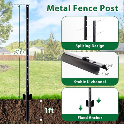 HITTITE 6 Feet Metal Fence Post, 15 Pack U-Post Support Stakes with Anchor Plate, Heavy Duty Steel Garden Fence Stakes, No Dig Fence Posts for Wire Fencing, Yard, Lawn and Farm, Black - size: 6 FT-15 PACK-SPLICING