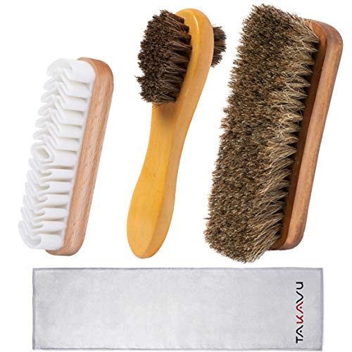 TAKAVU Shoe Shine Kit 4pcs, 100% Horse Hair, Polish & Crepe Suede Brush