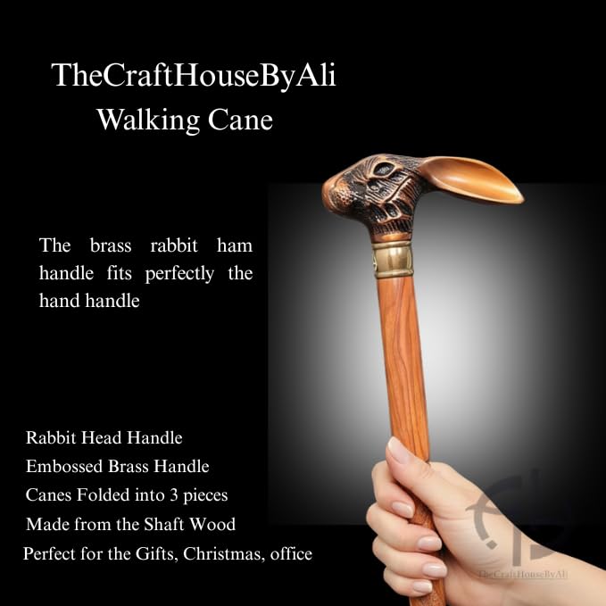 36" Rabbit Copper Finish Brass Handle Foldable Wooden Walking Stick Cane – Ideal Vintage Gift for Men and Women, Stylish and Functional