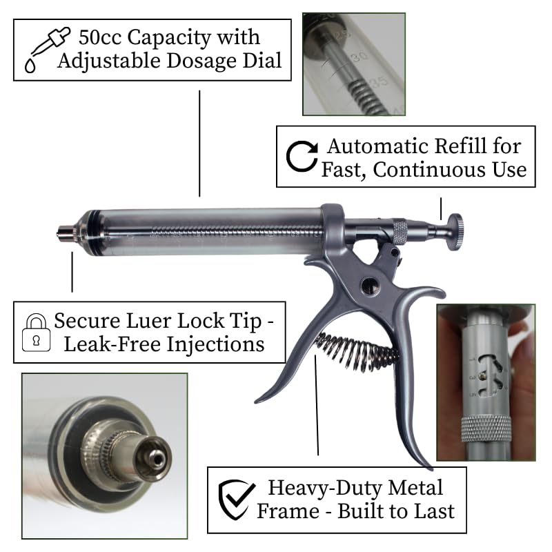 IVS 50cc Automatic Metallic Livestock Syringe with Luer Lock Tip