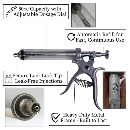 IVS 50cc Automatic Metallic Livestock Syringe with Luer Lock Tip