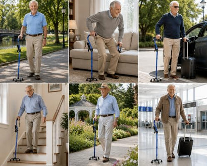 Walking Cane with 4 Prongs and Extra Side Handle – Adjustable, for Balance & Stability for Adults, Seniors, and Injured. - color: Blue