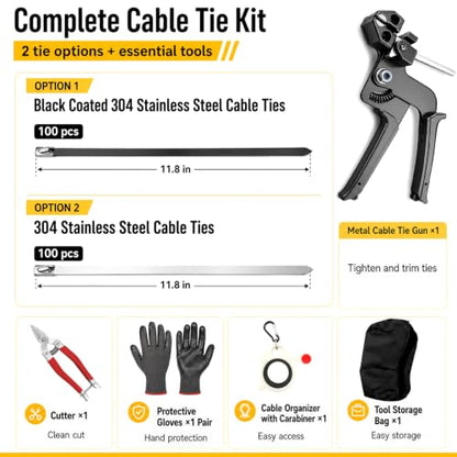 200 Pcs Metal Zip Ties Gun Kit, Heavy Duty Stainless Steel Zip Ties - size: 11.8 in