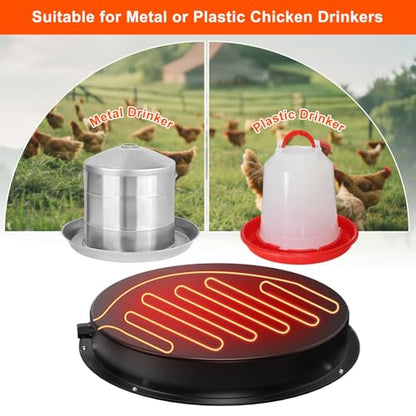 Chicken Water Heater for Winter, 15" Waterer Heated Base for 1-8 Gallon Metal Plastic Poultry Water, 110 Watt Heated Poultry Waterer with Thermostat for Chicken Duck Pigeon