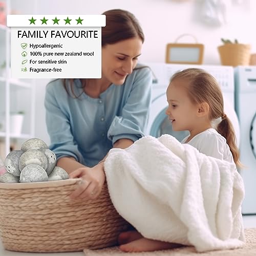 Wool Dryer Balls, XL Pack of 6, Reusable Natural Fabric Softener - Gray | Handmade, cruelty-free, 100% NZ wool, cuts drying time, anti-static, unscented, baby-safe, 1000+ loads,with storage bag
