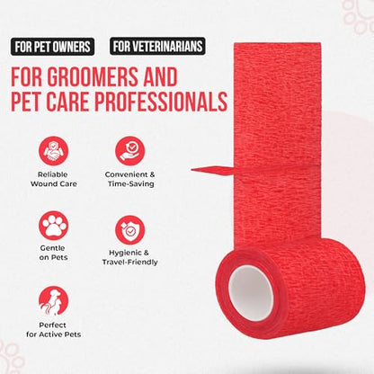 JorVet 4" x 10 Yards Cohesive Bandages for Pets | Self-Adhesive, Easy Tear Wraps for Wound Care |Secure, Individually Wrapped Vet Tape | Brilliant Red | Pack of 12 - size: 4 Inch