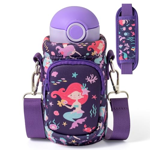 Water Bottle Carrier Bag with Strap for Kids - Water Bottle Bag Holder with Padded Strap Pocket 10/12/14/16/18Oz for Boys Girls School Walking Hiking Camping - style: Mermaids
