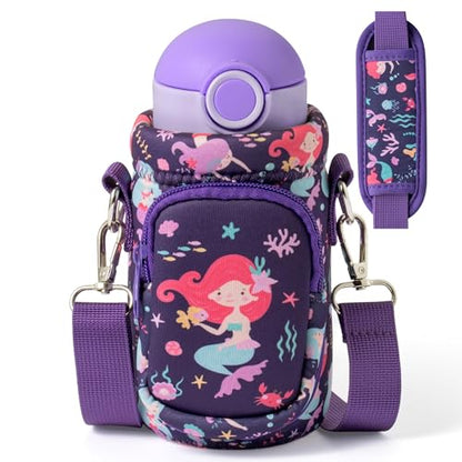 Water Bottle Carrier Bag with Strap for Kids - Water Bottle Bag Holder with Padded Strap Pocket 10/12/14/16/18Oz for Boys Girls School Walking Hiking Camping - style: Mermaids