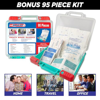Rapid Care First Aid Kit – 300+ Piece Emergency Medical Kit with Bonus 95-Piece Travel Pack – Outdoor, Workplace, and Home Use – Color Coded & Labeled for Quick Access
