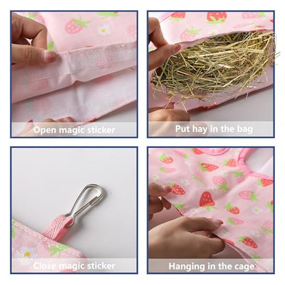 Lesnala 2 Pcs Canvas Hanging Bunny Hay Feeder Bags 3 Holes 2 Styles | Rabbit hay feeder Bag, Guinea Pig Hay Bag, Large Capacity Cotton Canvas Fabric, for Chinchillas Hamsters & Other Small Pets - color: Fruit pattern