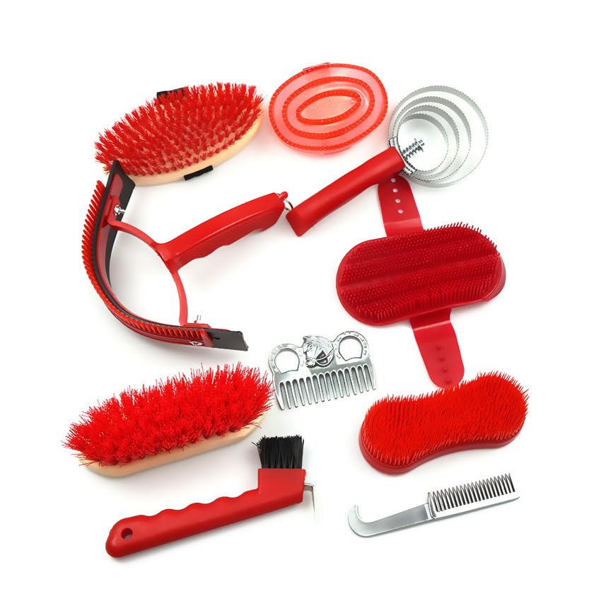 Horse Grooming Kit, 10 Piece Complete Set with Brushes, Combs, and Curry Tools for Horses, Red