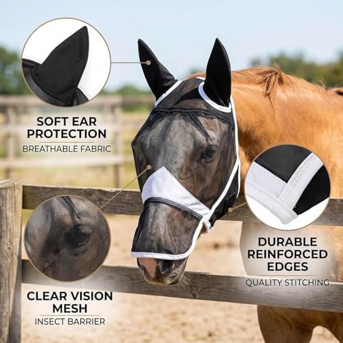 1PCS Fly Mask for Horses, Summer Turnout Protection with Enhanced Visibility, Breathable Mesh and Knit Fabric Design, Tangle-Free Fly Mask for Outdoor Riding and Stable Management (Full (Large))