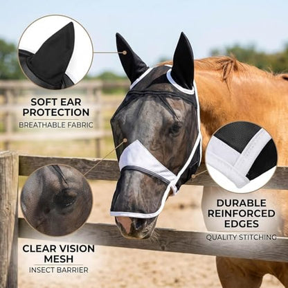 1PCS Fly Mask for Horses, Summer Turnout Protection with Enhanced Visibility, Breathable Mesh and Knit Fabric Design, Tangle-Free Fly Mask for Outdoor Riding and Stable Management (Full (Large))