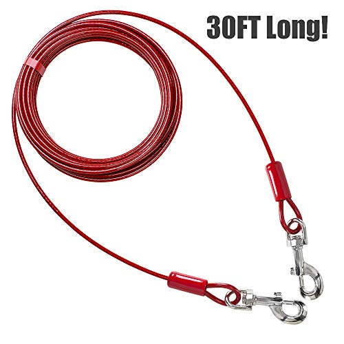 BV Dog Tie Out Cable 30 Feet - Heavy Duty Dog Lead Up to 125 Pounds - Reflective & Rust-Free with Quick Release Swivel Clips & 360° Rotating Clasp - Tangle-Free Dogs Runner for Yard (Red, Single) - color: 125lbs/ 30ft/ Red, style: Single