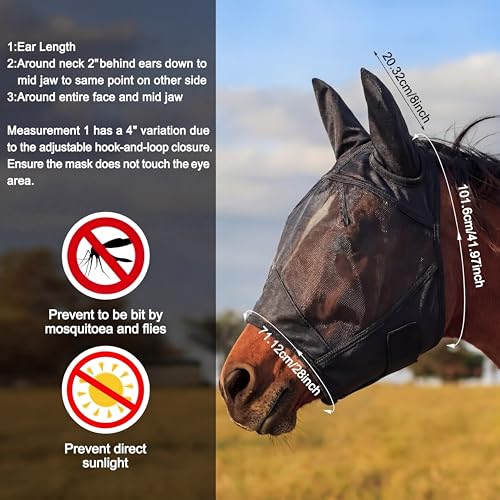 3 Pcs Horse Fly Mask with Long Nose and Ear, Black Meshs