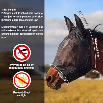 3 Pcs Horse Fly Mask with Long Nose and Ear, Black Meshs
