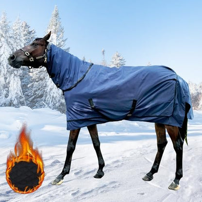Waterproof Horse Turnout Blanket - Medium Weight Winter Blanket (220g Fill) with Detachable Neck Cover - Blue - 78 in - size: 78 in
