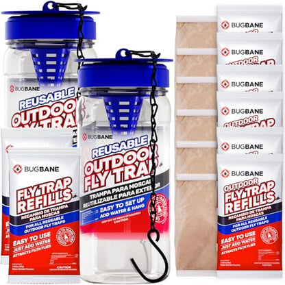 2 Reusable Outdoor Fly Trap with Chains with 10 Non-Toxic Dissolvable Bait Refills