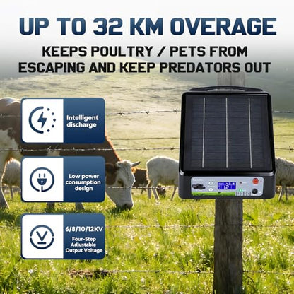 20 Miles Solar Electric Fence Charger, Adjustable Output Voltage: 6/8/10/12kV, 2J Solar Powered Electric Fence Charger Supports Battery/Solar/AC Power,Ideal for Livestock/Garden/Yard/Farm Protection