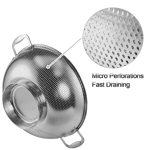 Tiawudi Large 6-Qt Colander, 18/8 Stainless Steel Mesh Strainer for Kitchen, Food Sieve with Riveted Handles and Self-draining Solid Ring Base, Great for Pasta, Rice, Vegetables and Fruits