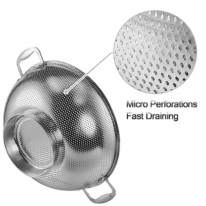 Tiawudi Large 6-Qt Colander, 18/8 Stainless Steel Mesh Strainer for Kitchen, Food Sieve with Riveted Handles and Self-draining Solid Ring Base, Great for Pasta, Rice, Vegetables and Fruits