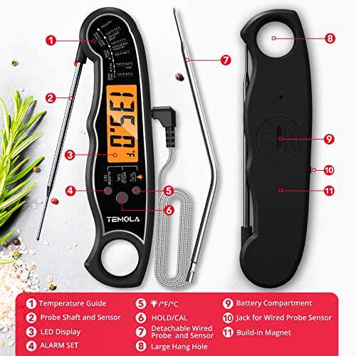 TEMOLA Meat Thermometer, Instant Read Food Thermometer for Cooking, Digital Food Thermometer with LCD Backlight for Candy Fry Grill BBQ Liquids, Kitchen Oven Safe Dual Probe 2 in 1 Thermometer | Digital LCD Backlight for Candy Fry Grill BBQ Liquids, Kitch
