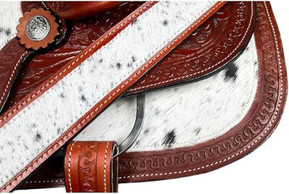 Western Barrel Saddle Set Brown Genuine Leather Hair On Cowhide Hand Tooled Horse Saddle with Headstall, Breast Collar & Reins for Trail Riding, Rodeo, Ranch & Pleasure, 8-17 Inch - size: 18 inch