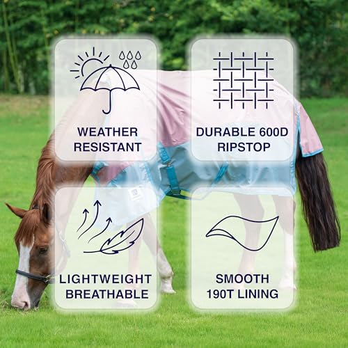 Horse Turnout Rain Sheet | 600 Denier Ripstop Turnout Blanket No Fill (0g) | Waterproof Lightweight Breathable | Tear-Resistant Outer & Rub-Free Silky Inner | Pink/Blue - 72 in - color: Pastel Pink/Blue, size: 72