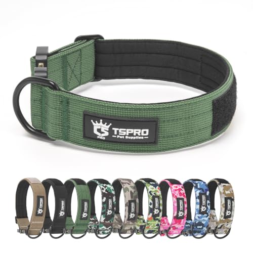 TSPRO Heavy Duty Tactical Dog Collar Quick Release Metal Buckle with Patch - color: Basic Green - Patch Style, size: L, Patch Style, Neck 18.5"–25"